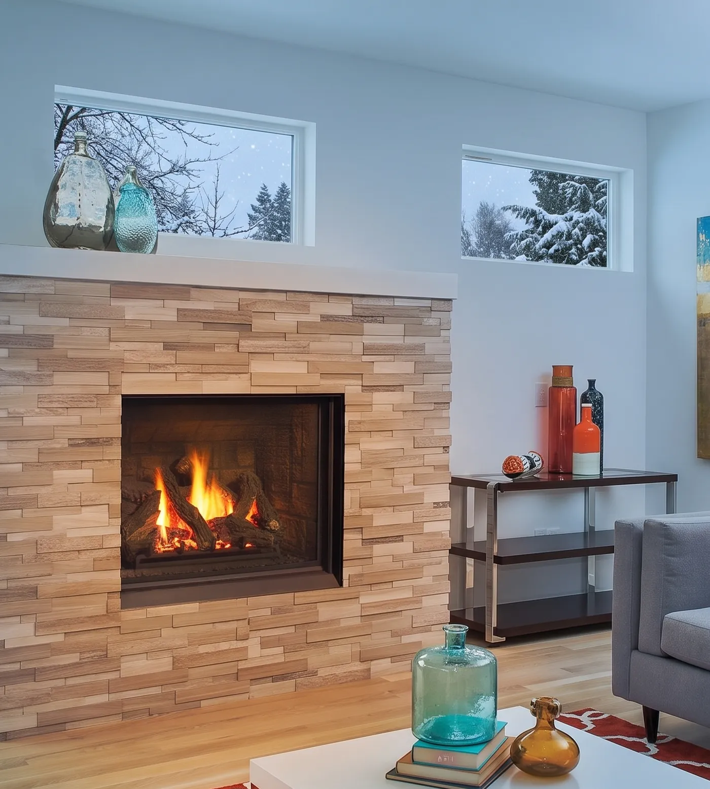 Winter: snow on the trees outside, the gas fireplace lit